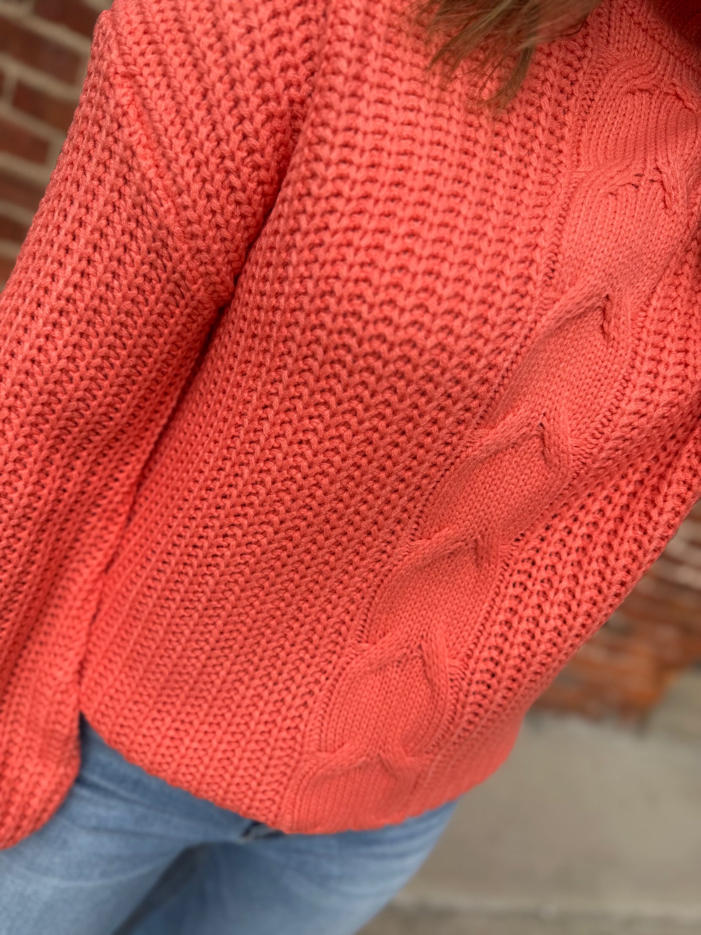 Coral Cable-Knit Charm Sweater