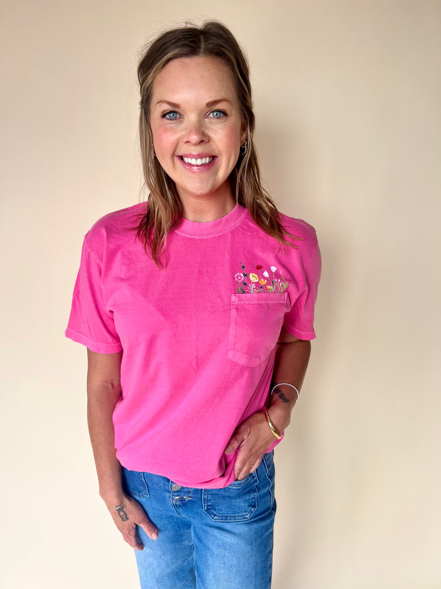 Flower Pocket Tee - pink