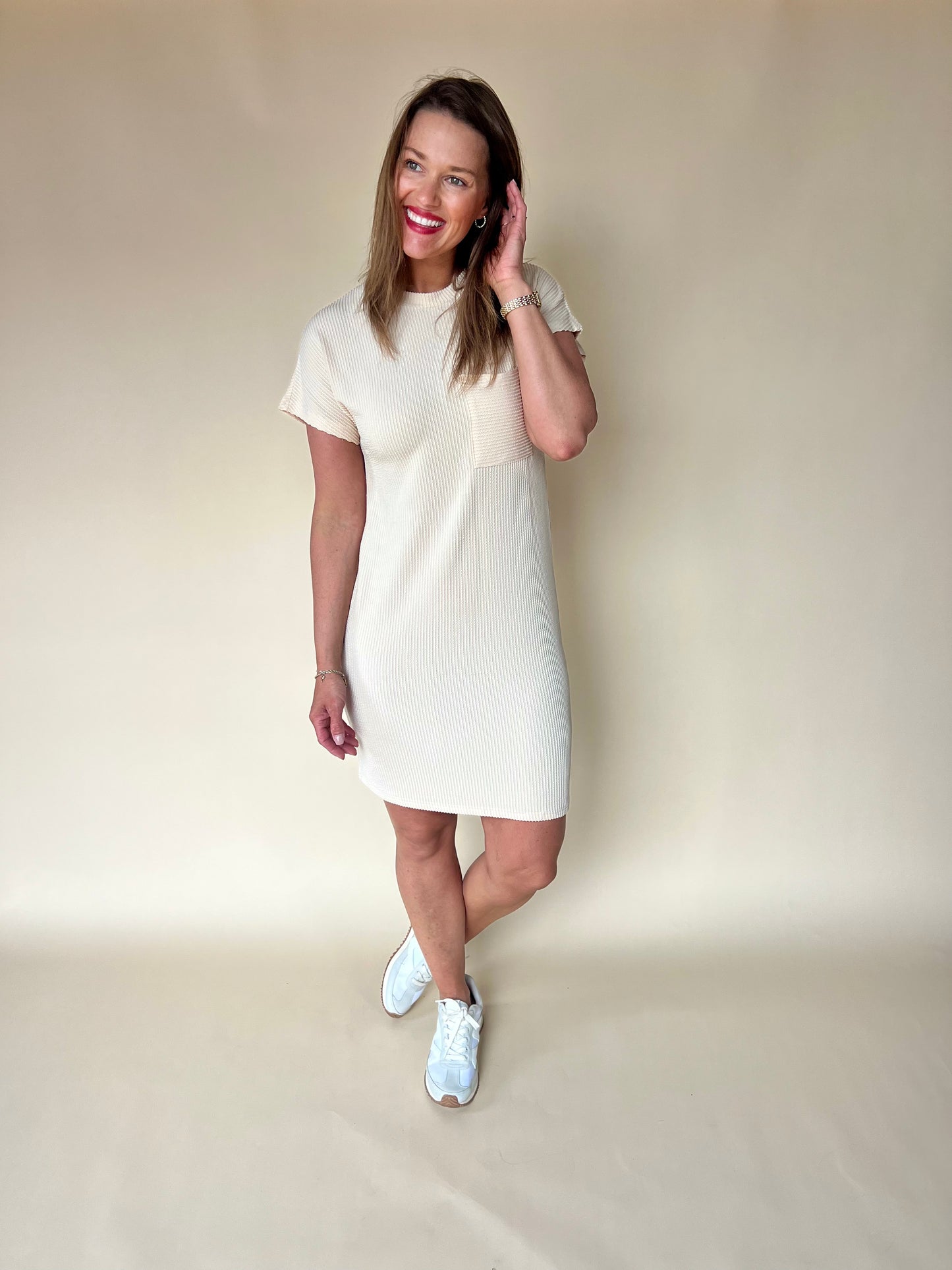 Try To Keep Up Dress :  Cream