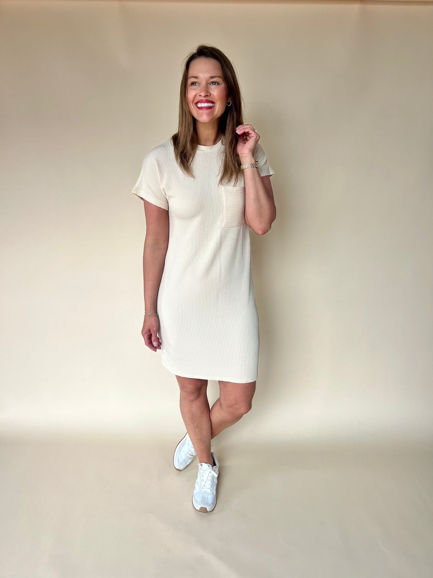 Try To Keep Up Dress :  Cream