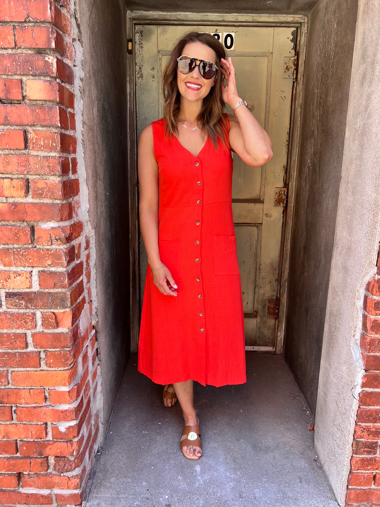 Breeze & Buttons Linen Midi Dress - Red