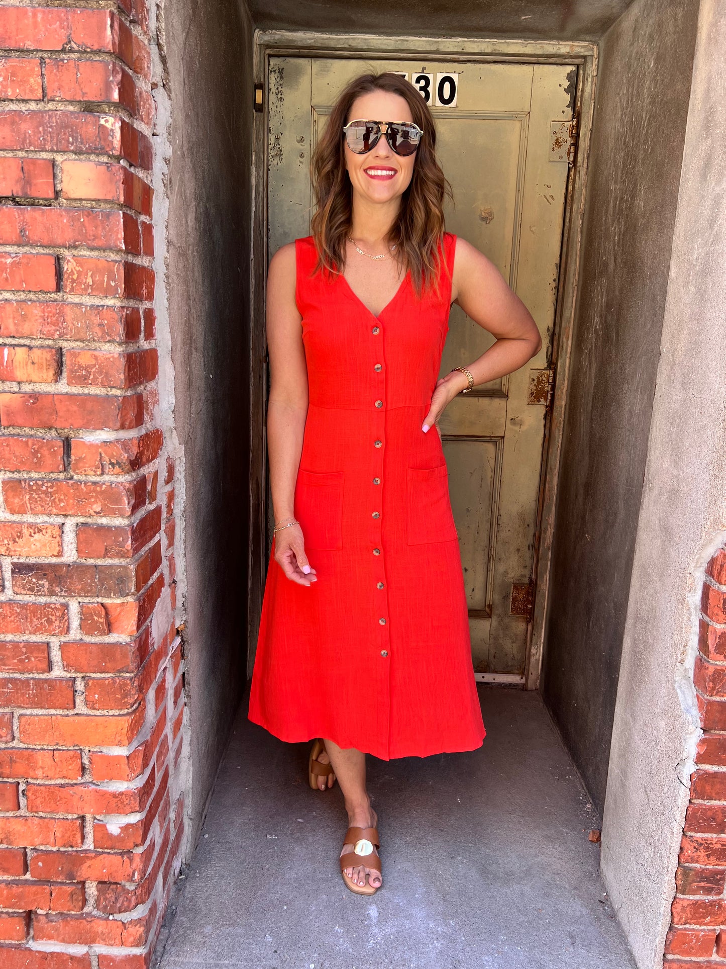 Breeze & Buttons Linen Midi Dress - Red