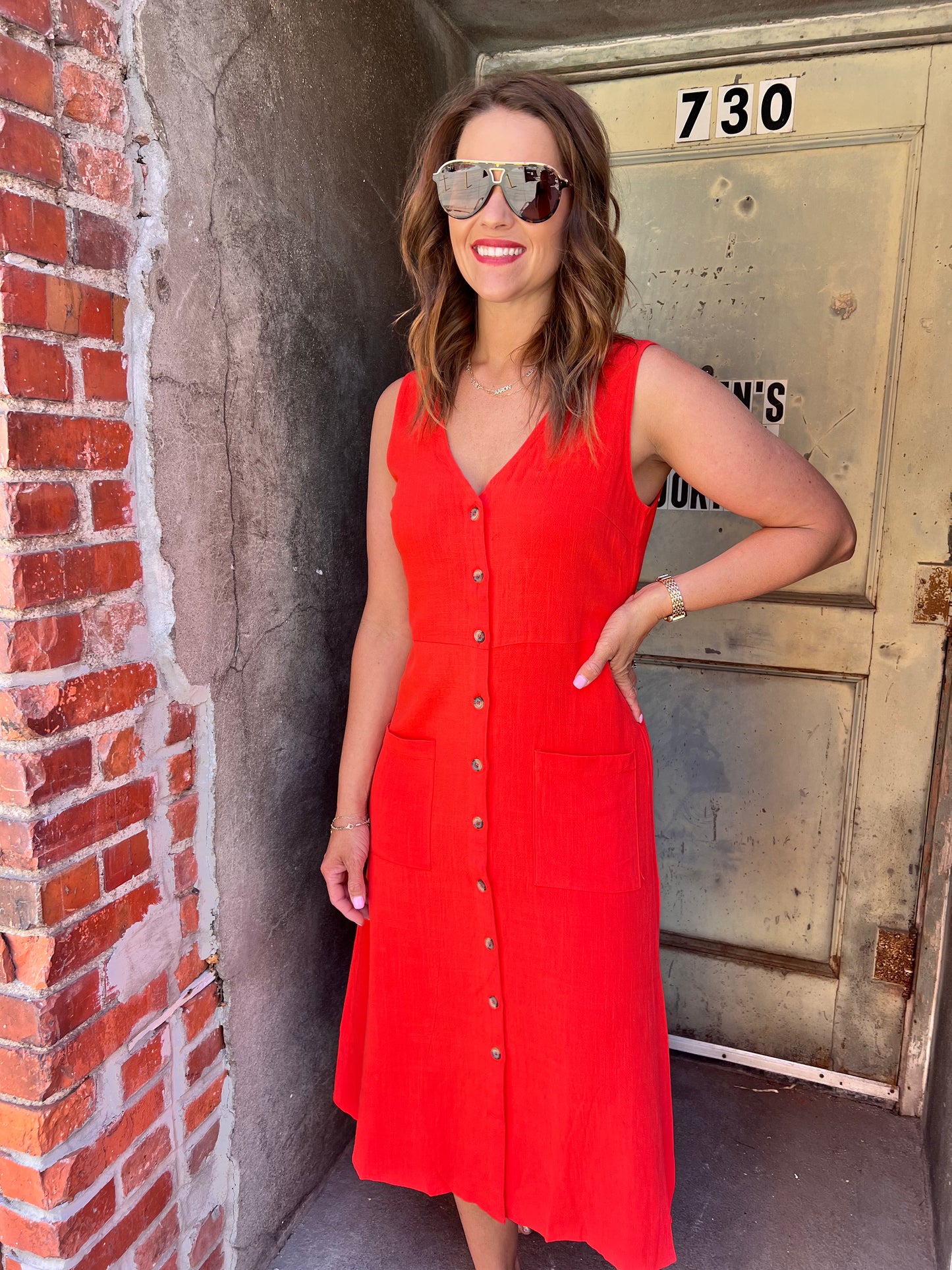Breeze & Buttons Linen Midi Dress - Red
