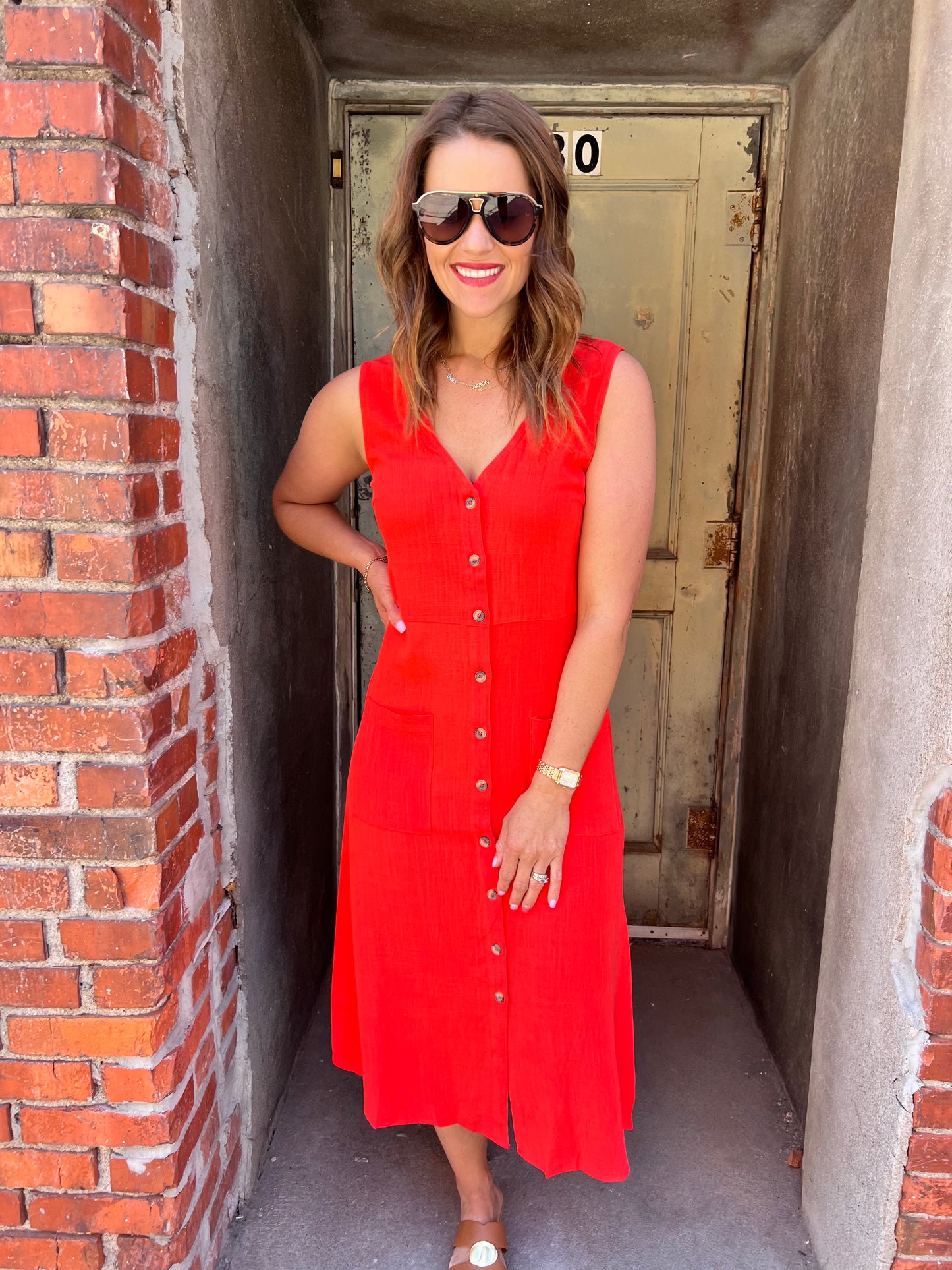 Breeze & Buttons Linen Midi Dress - Red
