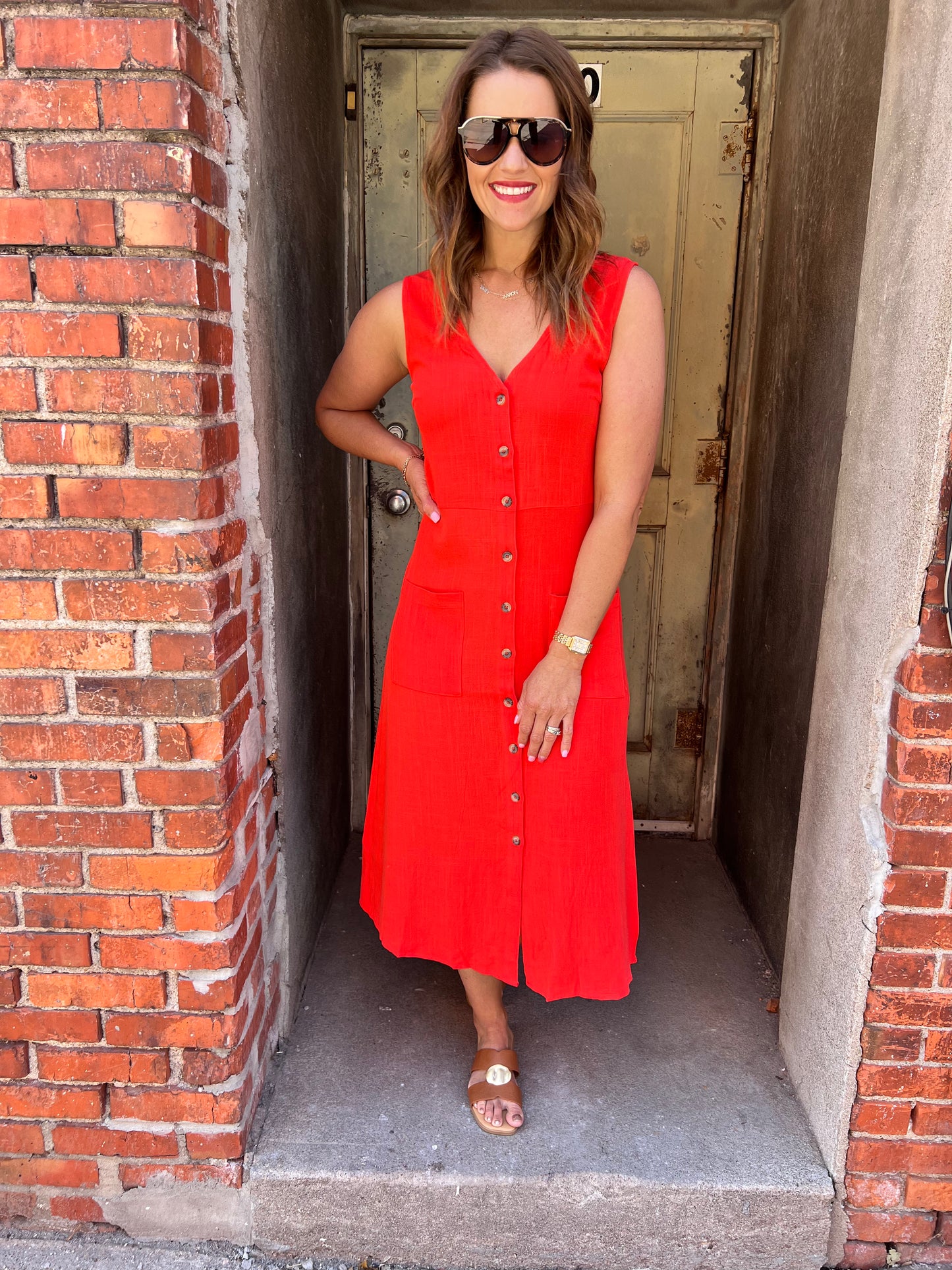 Breeze & Buttons Linen Midi Dress - Red