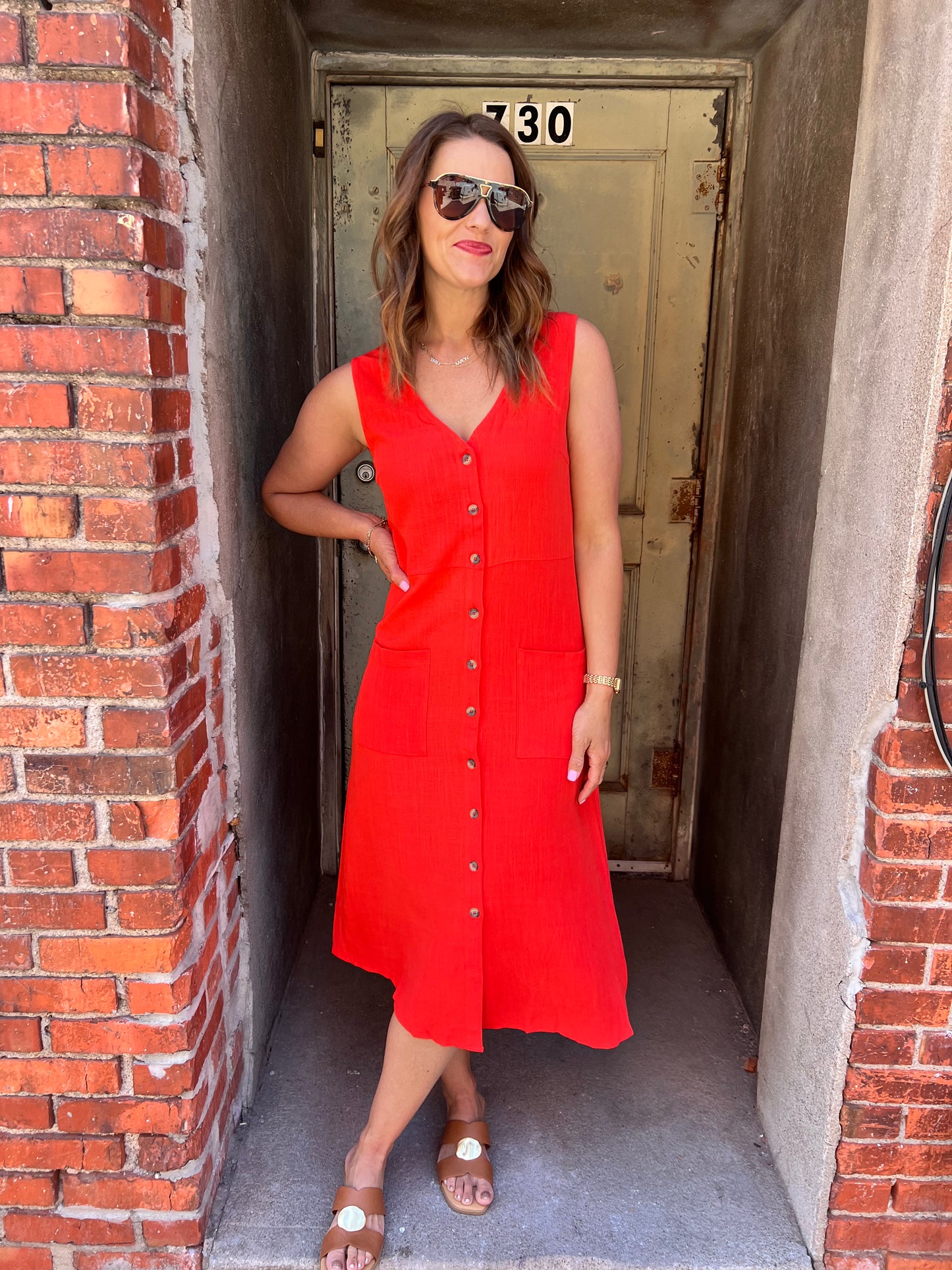 Breeze & Buttons Linen Midi Dress - Red