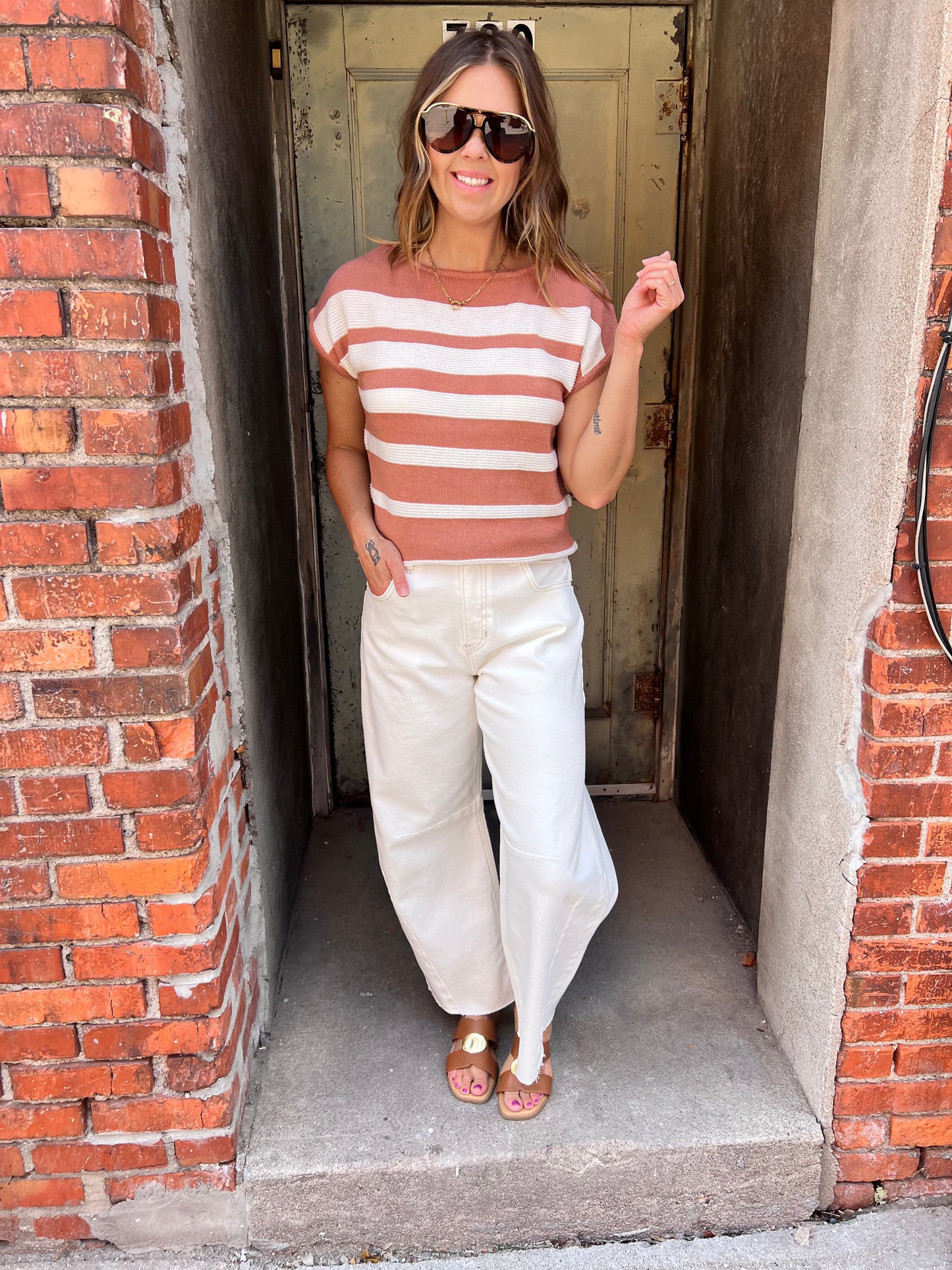 Color Block Crew Sweater Top – Soft Tan