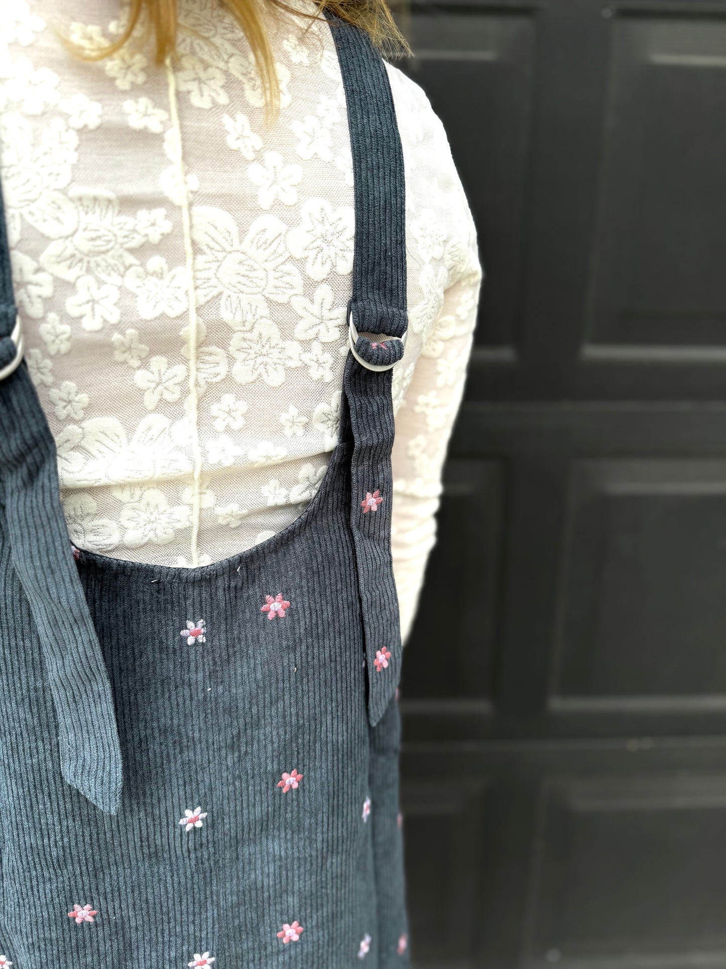 Floral Embroidered Overall Dress - Teal