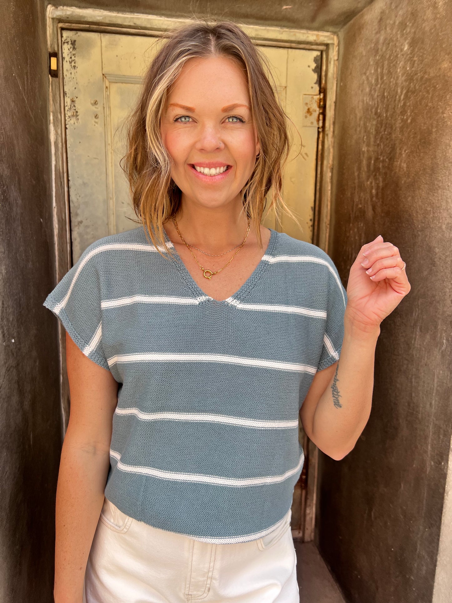 Striped V-Neck Pullover Sweater-Blue