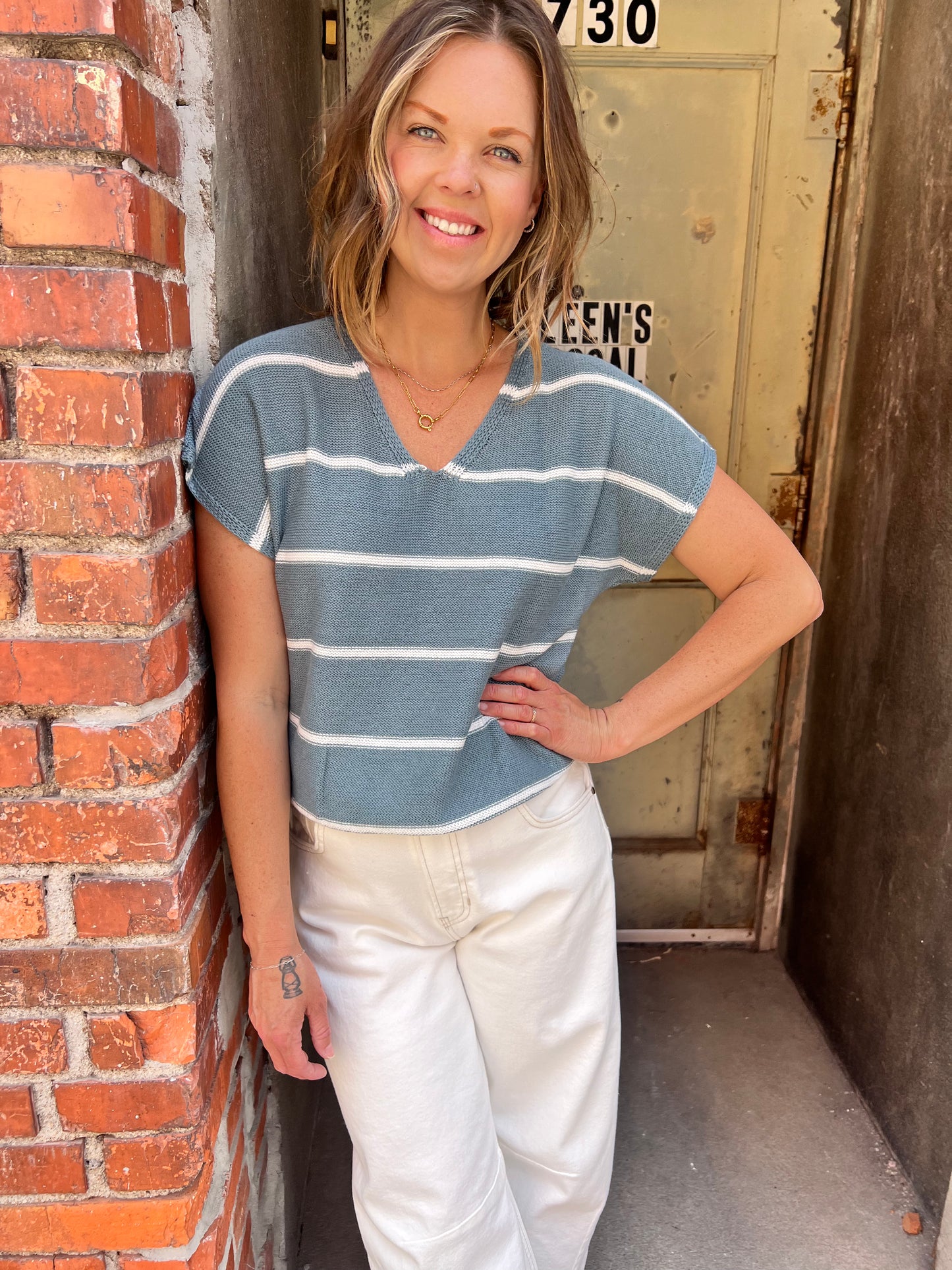 Striped V-Neck Pullover Sweater-Blue
