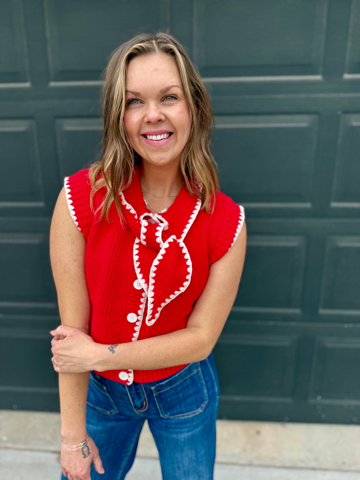 Tie Neck Sweater Vest With Contrast Blanket Stitch