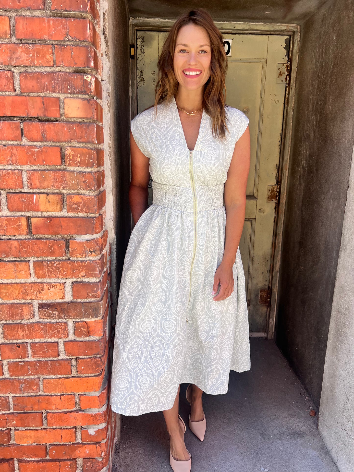 Sage Eyelet Print Midi Dress