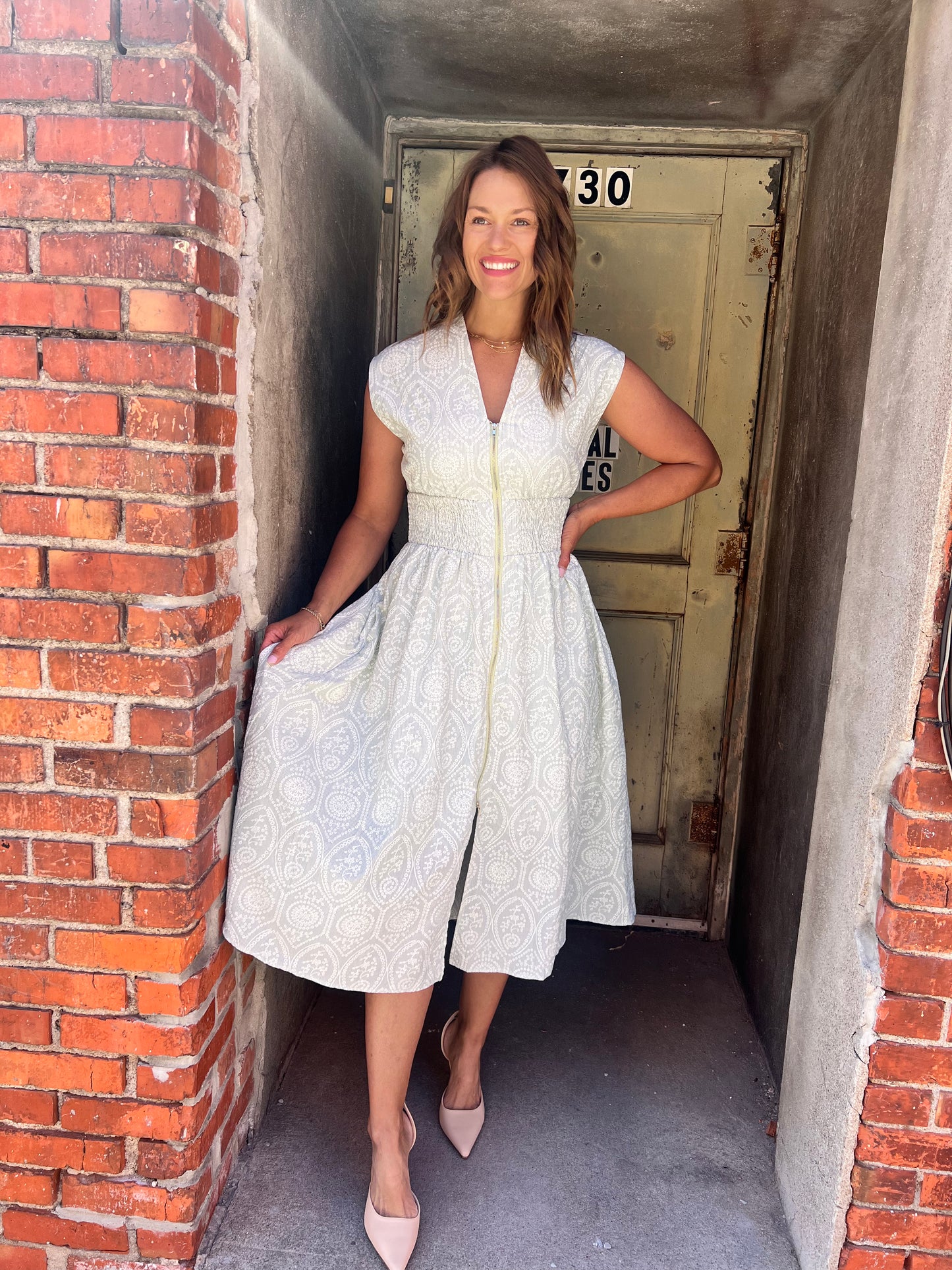 Sage Eyelet Print Midi Dress