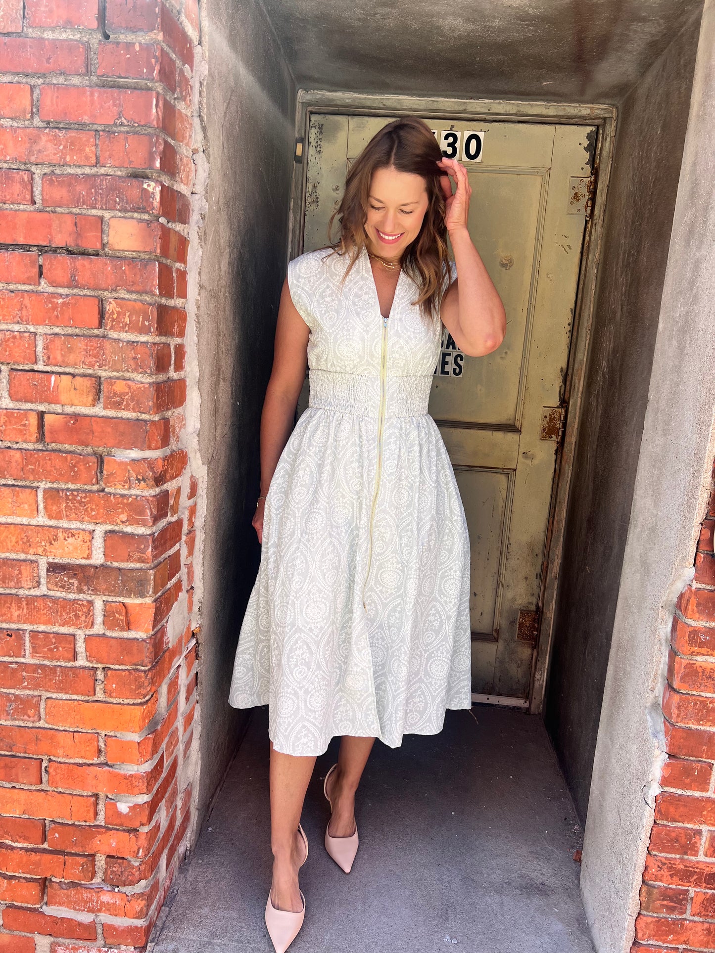 Sage Eyelet Print Midi Dress