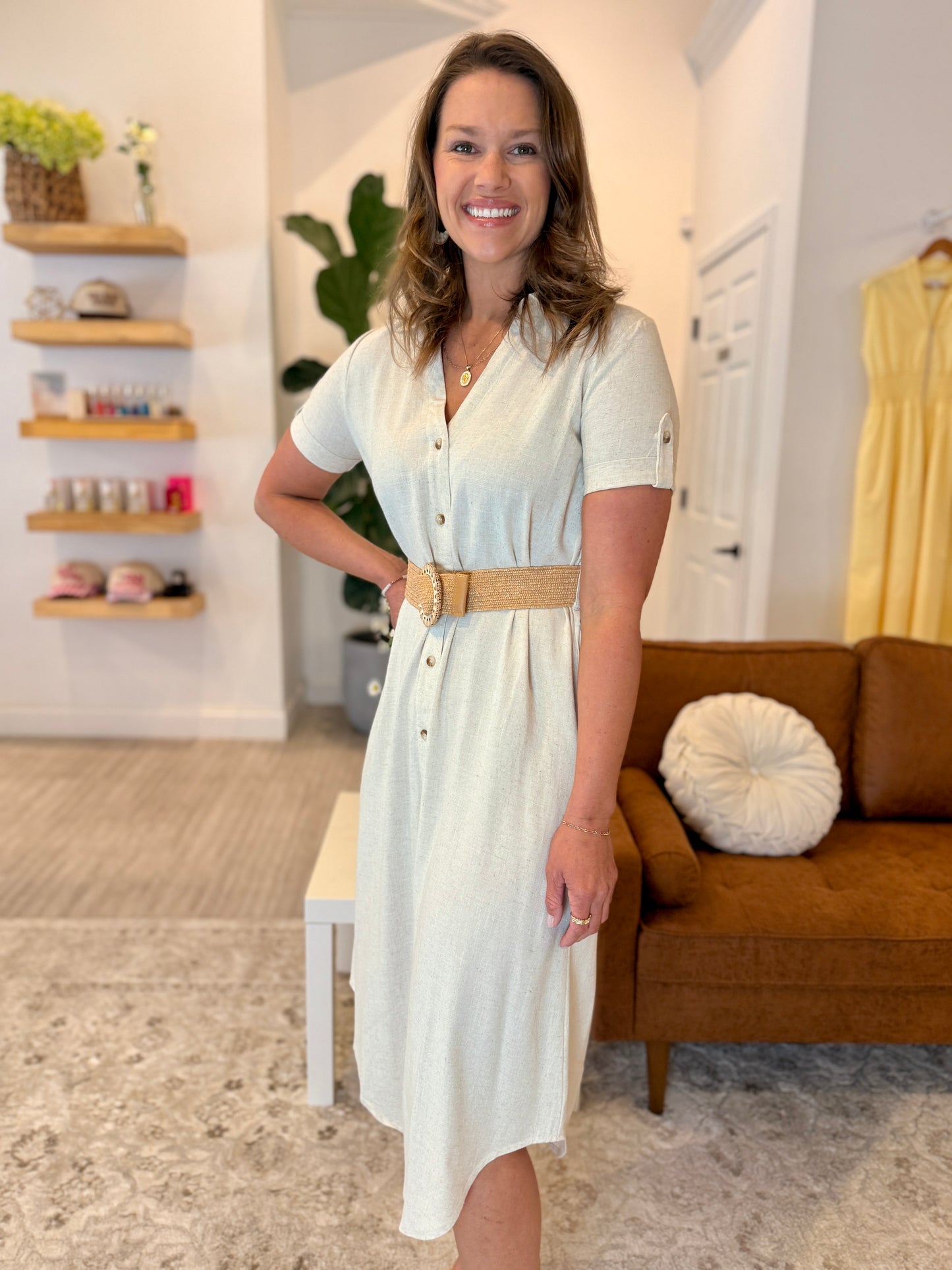 Collared Button Down Belted Midi Dress