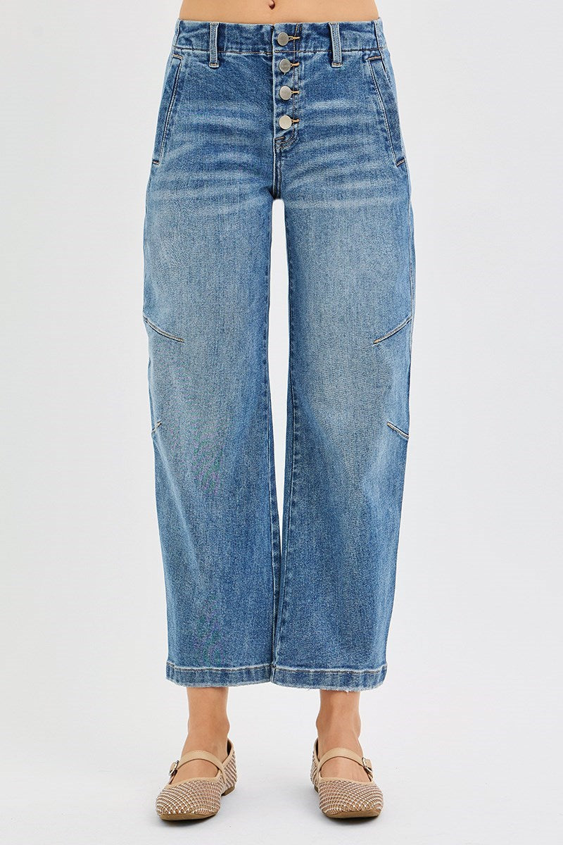 Button Fly Barrel Jeans - Mid Rise