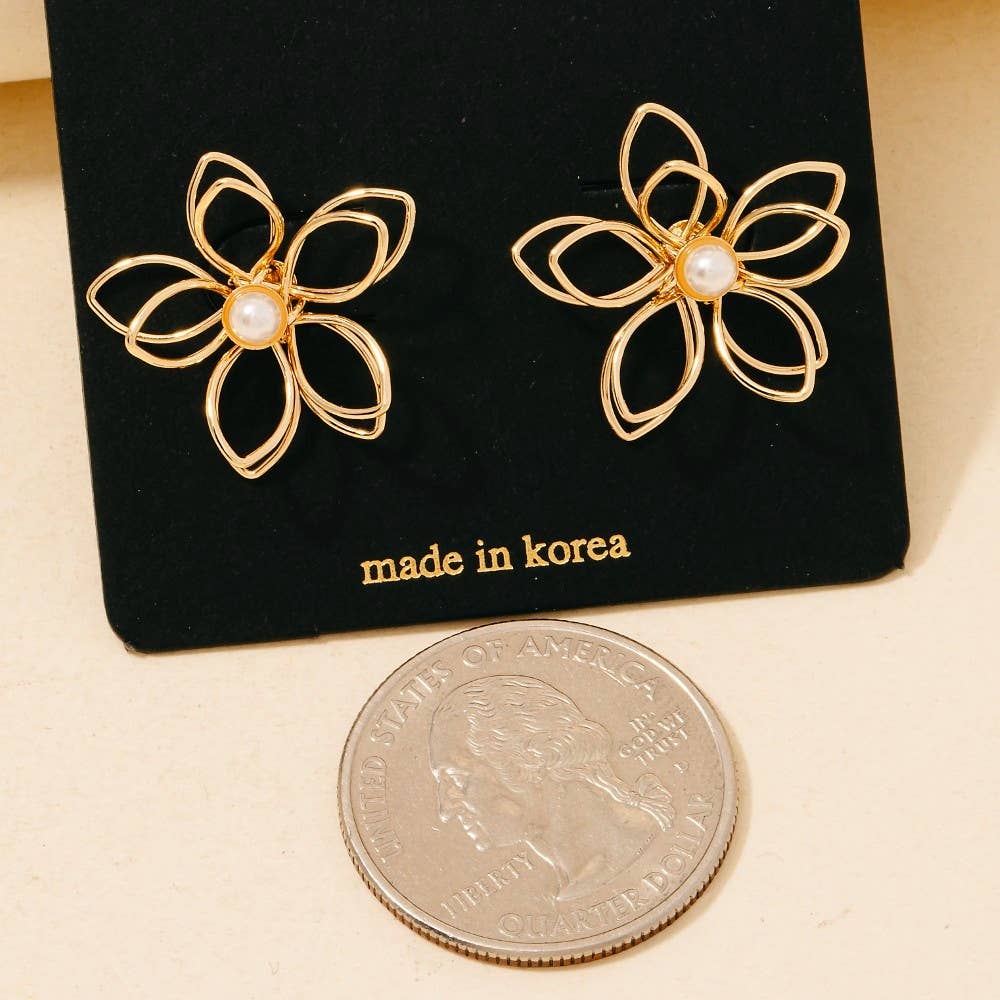 Wire Flower Pearl Stud Earrings