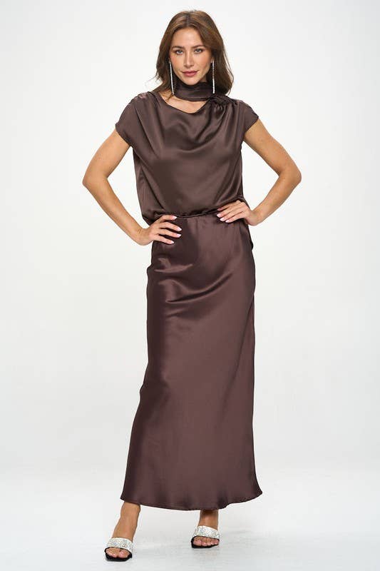 Silky Satin Maxi Skirt: Brown