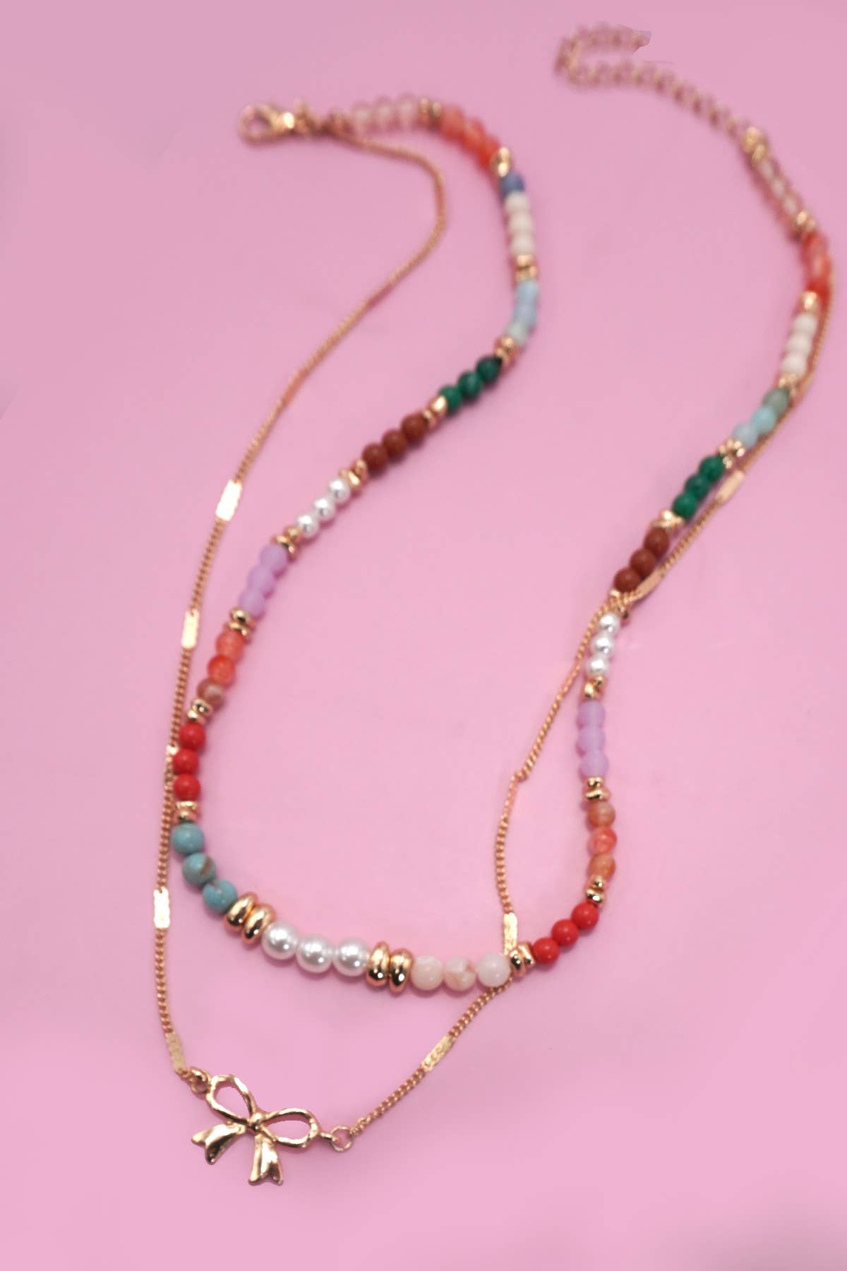 BEADED BOW CHARM DOUBLE LAYER NECKLACE