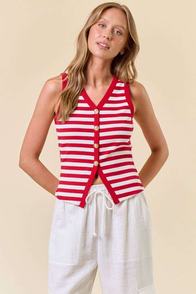 Red Stripe Knit Button Tank