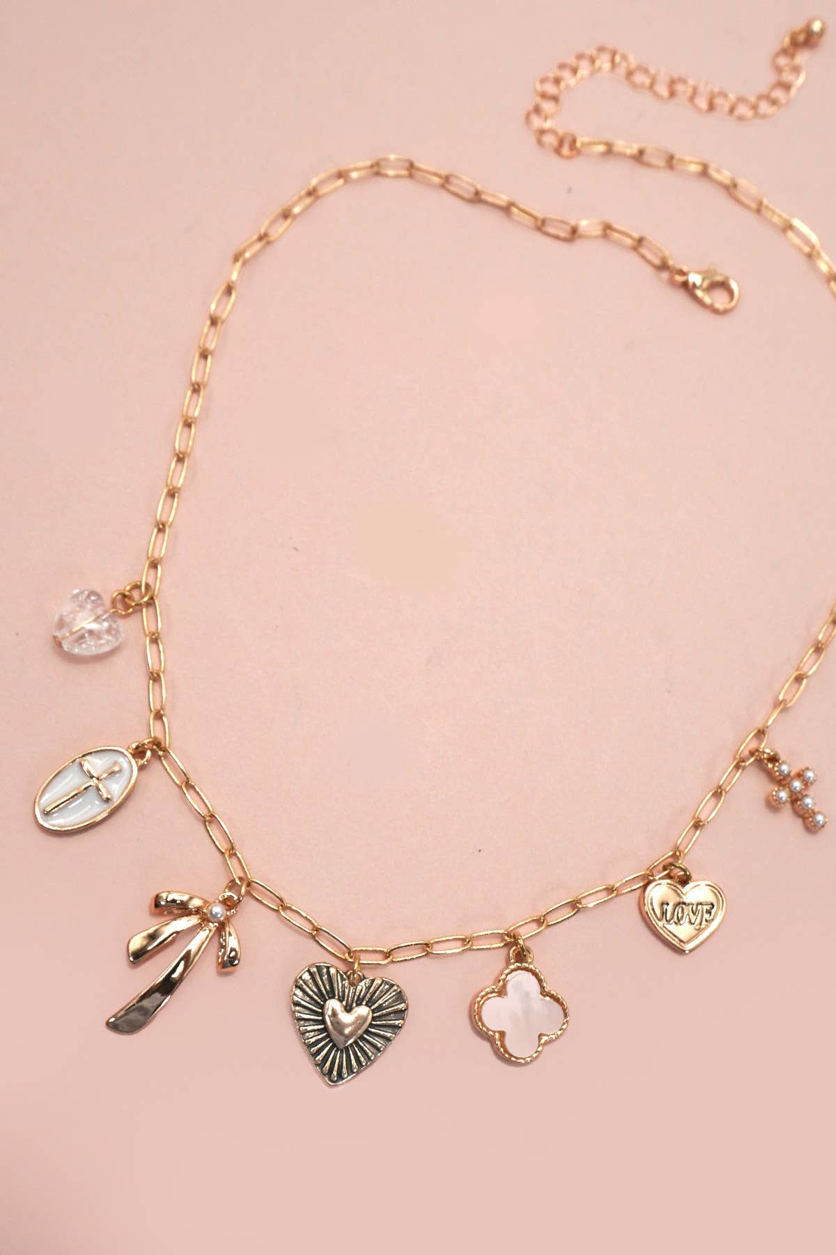 Charm Necklace – Clover, Bow, Cross & Heart