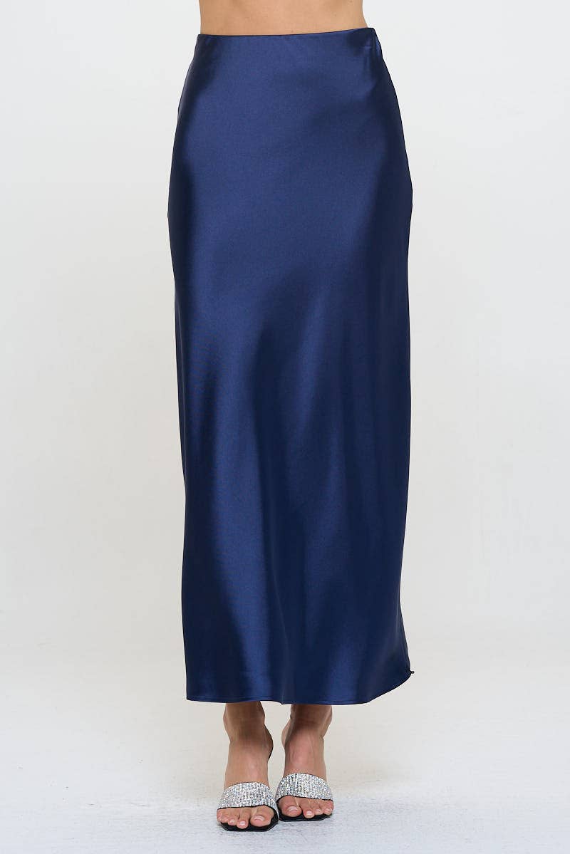 Silky Satin Maxi Skirt: Navy