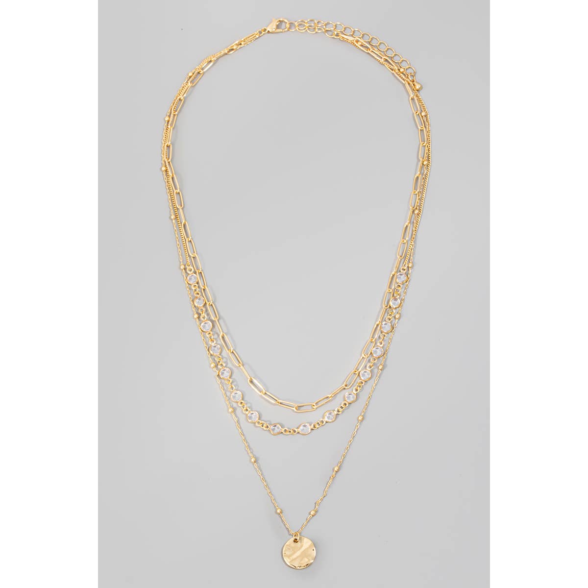 Coin Pendant Layered Chains Necklace: Gold Crystal