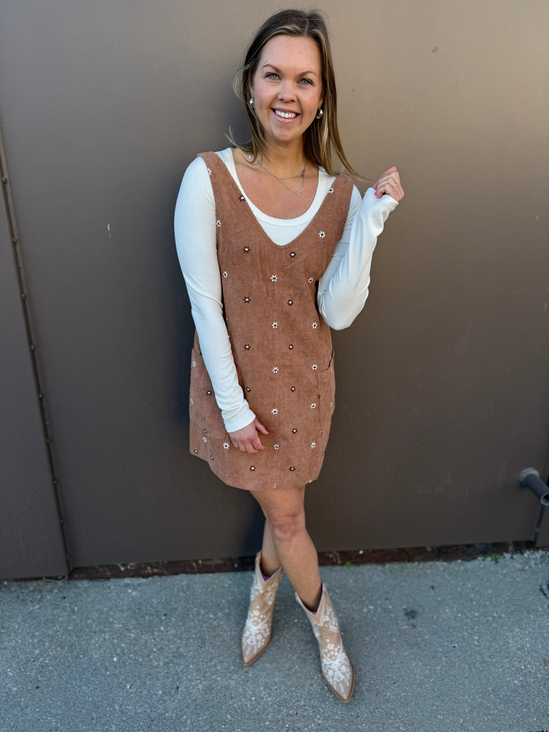 Floral Embroidered Corduroy Pinafore Overall Dress