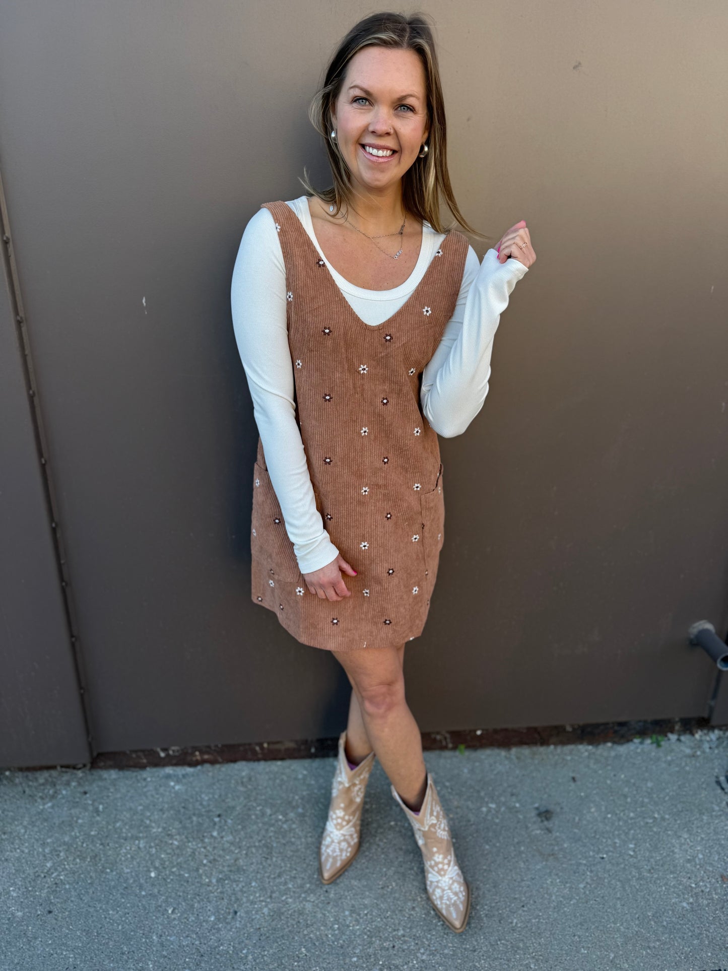 Floral Embroidered Corduroy Pinafore Overall Dress