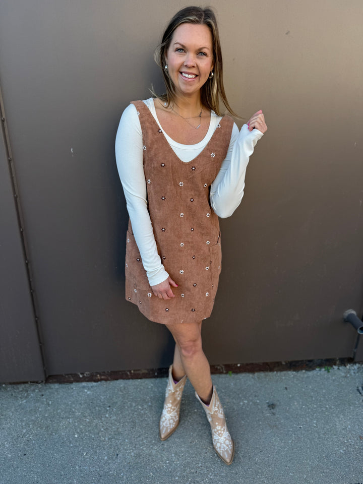 Floral Embroidered Corduroy Pinafore Overall Dress