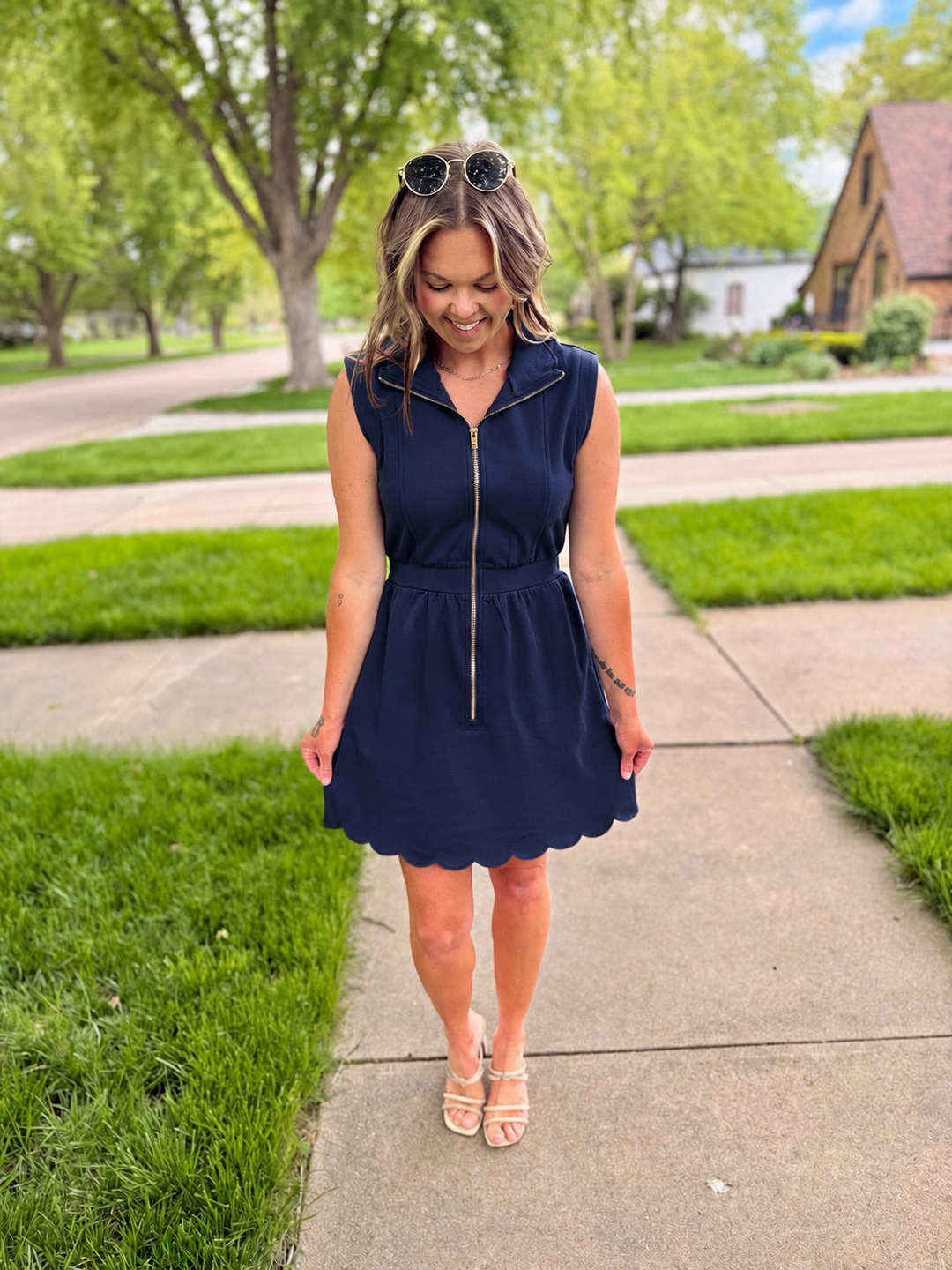 Navy Scallop Trim Half-Zip Mini Dress