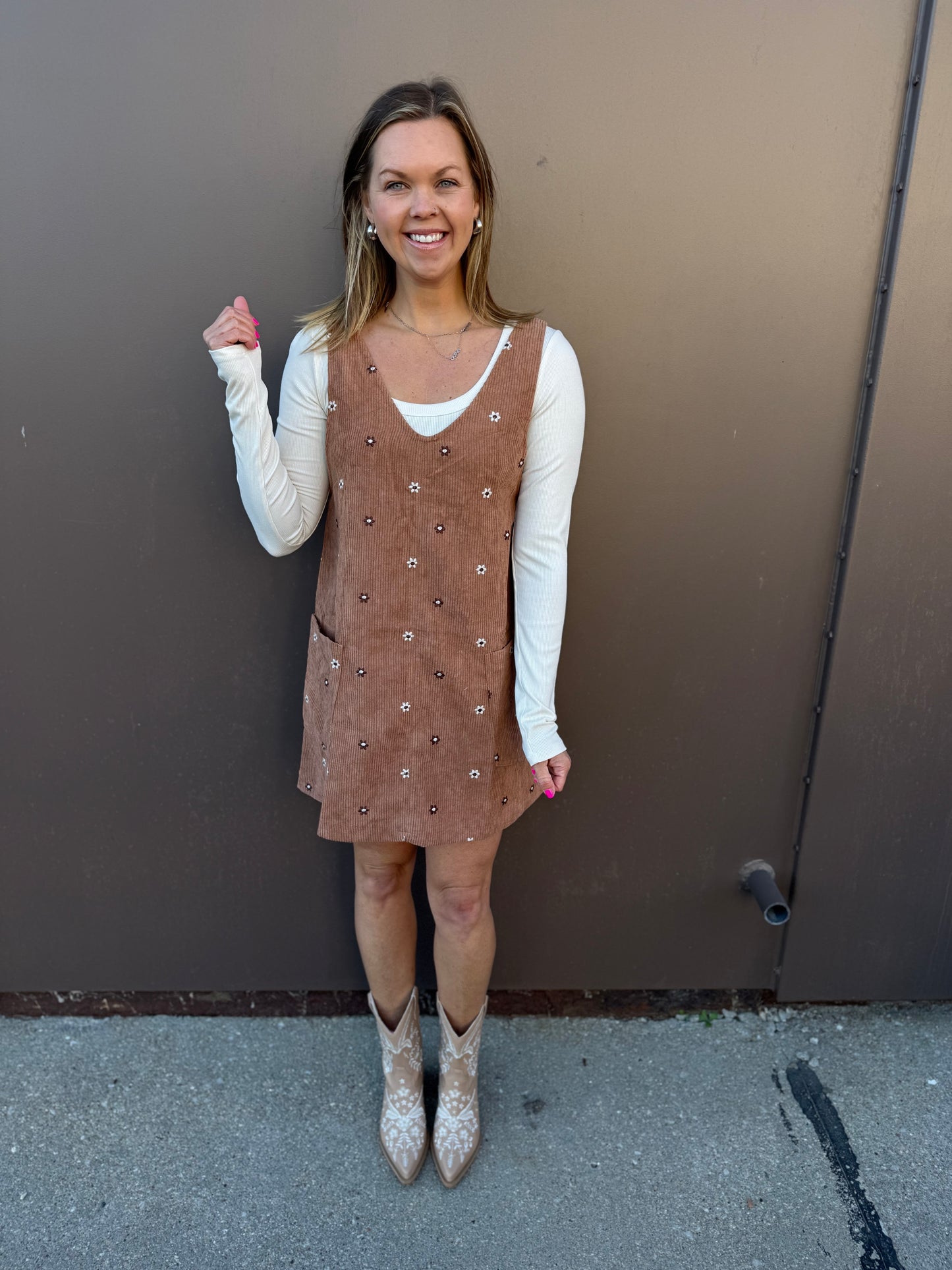 Floral Embroidered Corduroy Pinafore Overall Dress