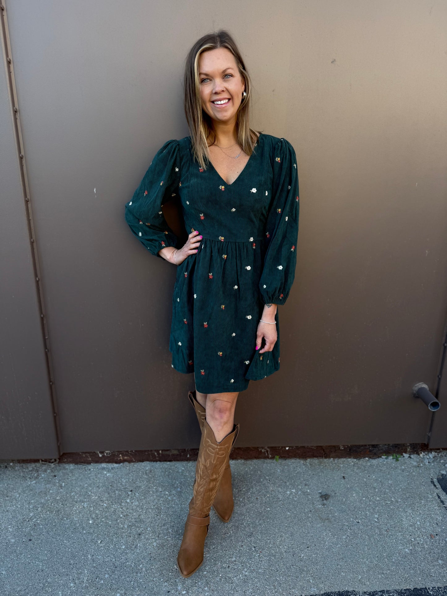 Floral Embroidered Corduroy V Neck Mini Dress