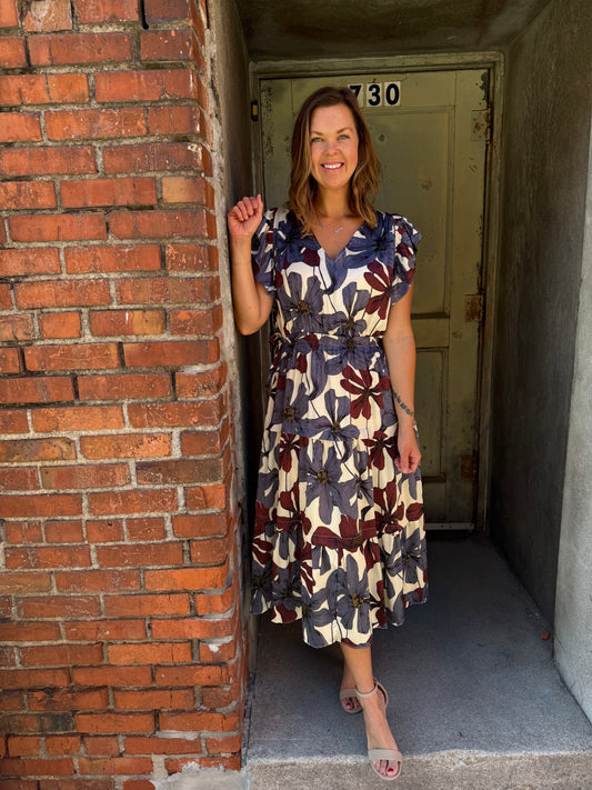 Vivid Bloom Satin Tiered Midi Dress