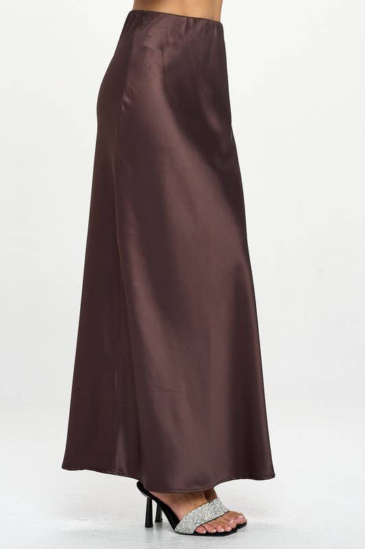 Silky Satin Maxi Skirt: Brown