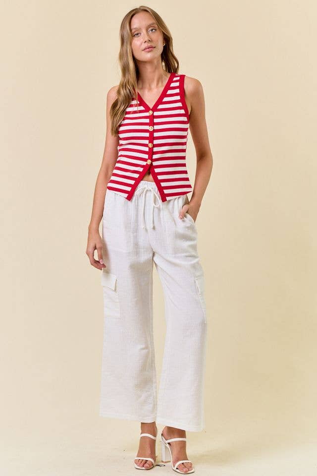 Red Stripe Knit Button Tank