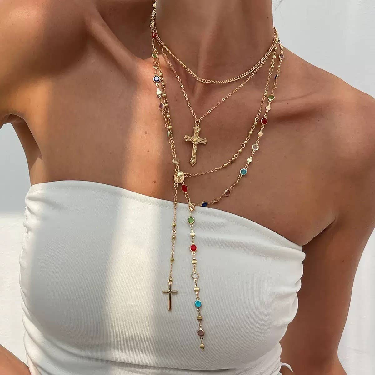 BOHO Y MULTI STONE CROSS LARIAT LAYER NECKLACE | 80N92467: GOLD