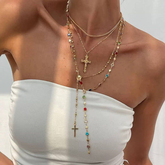 BOHO Y MULTI STONE CROSS LARIAT LAYER NECKLACE | 80N92467: GOLD