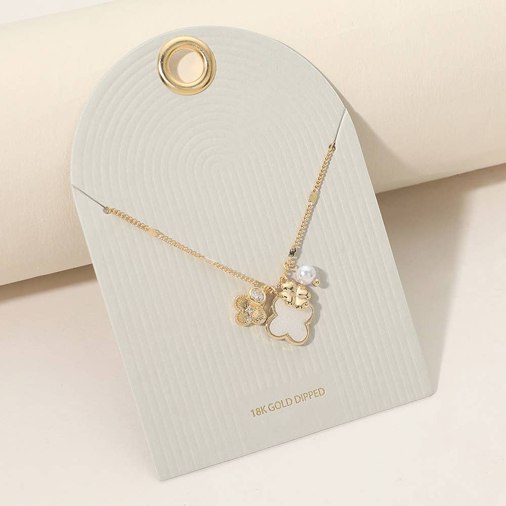 Mother of Pearl Quatrefoil Floral Pearl Charm Necklace