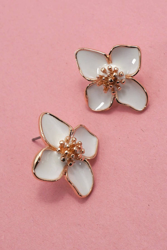 EPOXY WHITE ON GOLD FLOWER  STUD EARRINGS