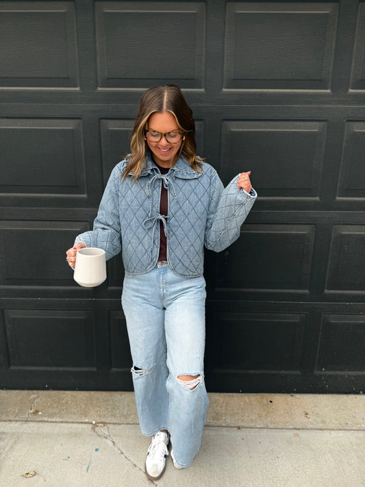 Quilted Denim Cropped Jacket With Bow Ties