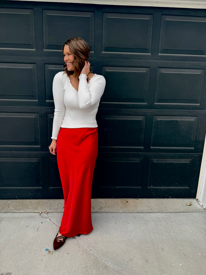 Silky Satin Maxi Skirt: Red