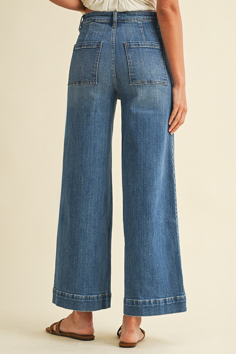 Stretch High Rise Pin Tuck Wide Leg Jean