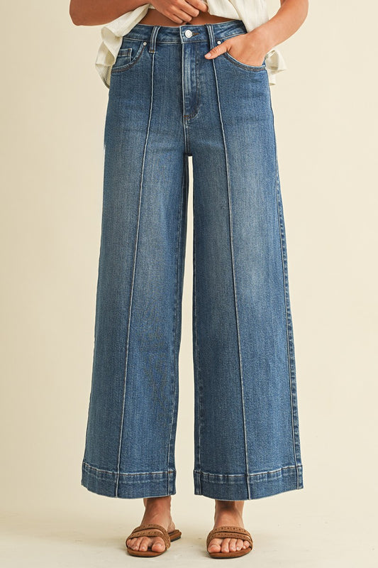 Stretch High Rise Pin Tuck Wide Leg Jean