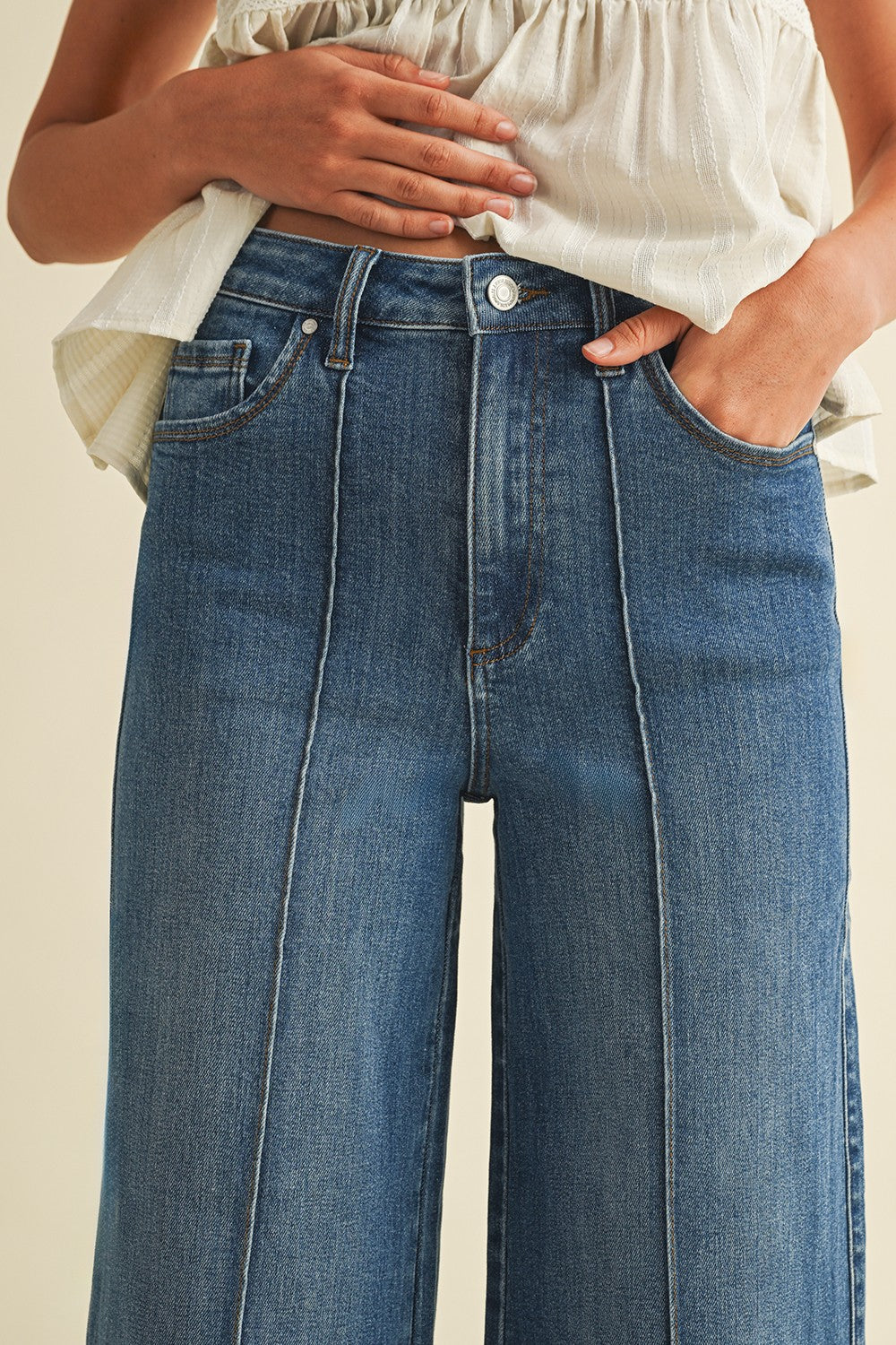 Stretch High Rise Pin Tuck Wide Leg Jean