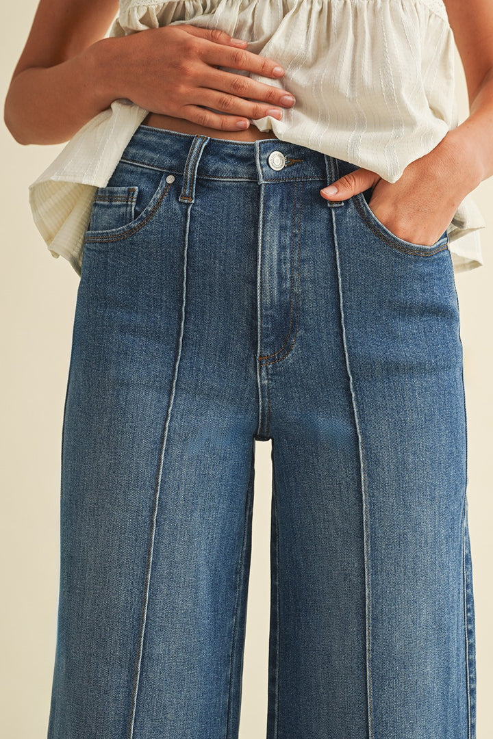 Stretch High Rise Pin Tuck Wide Leg Jean