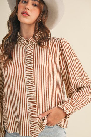 Pecan Striped Ruffled Button Down