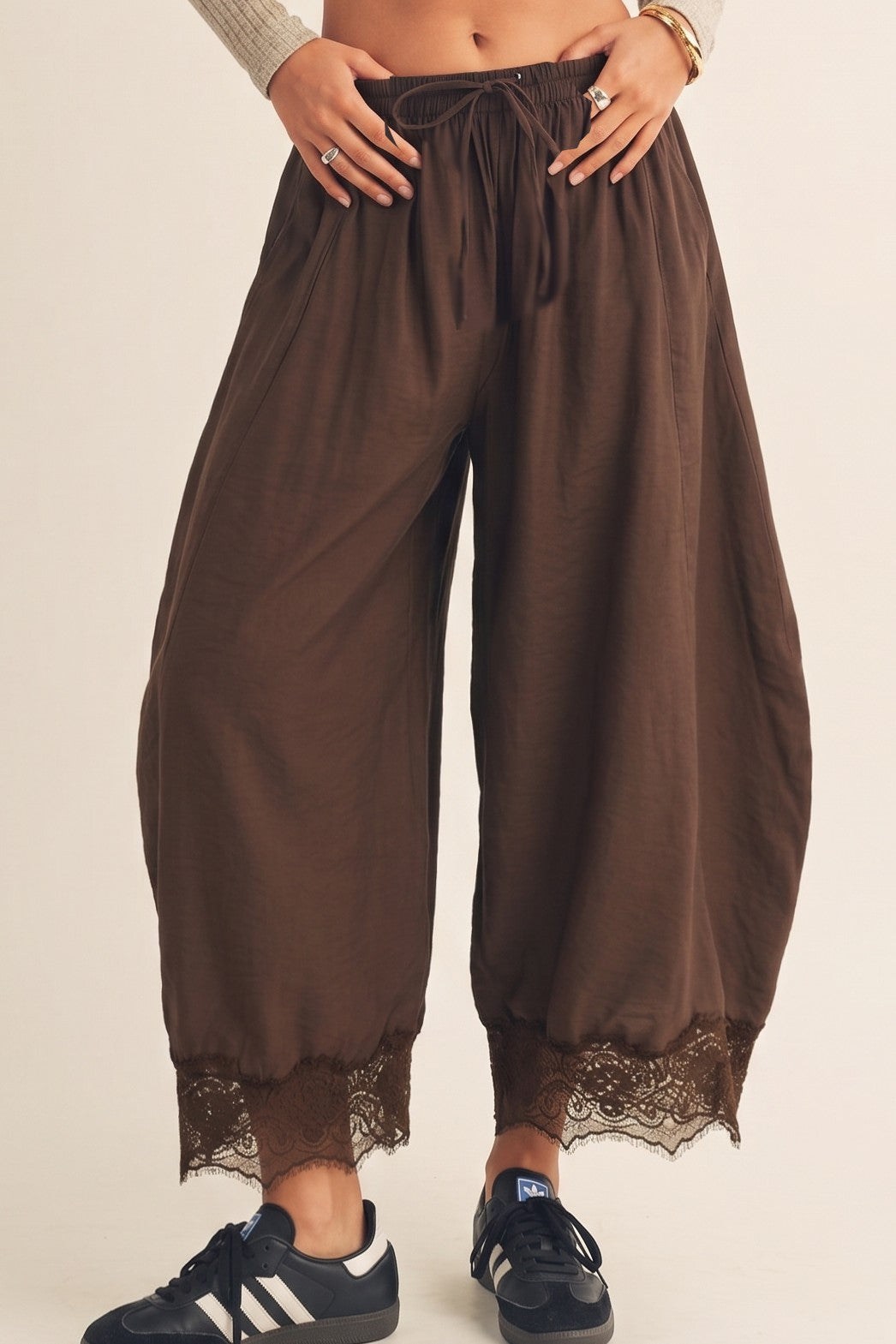 Lucy Lace Hem Balloon Pants - Mocha