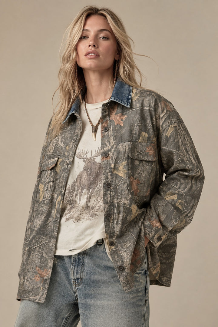 Denim Collar Camo Shacket