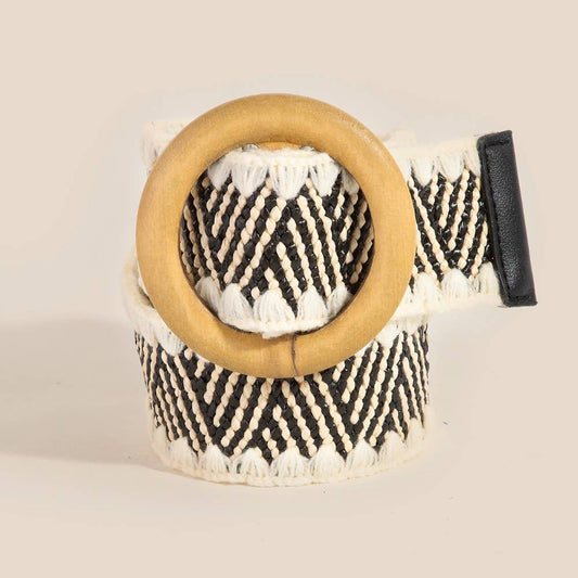 Wooden Round Buckle Braided Fashion Belt: Black/White